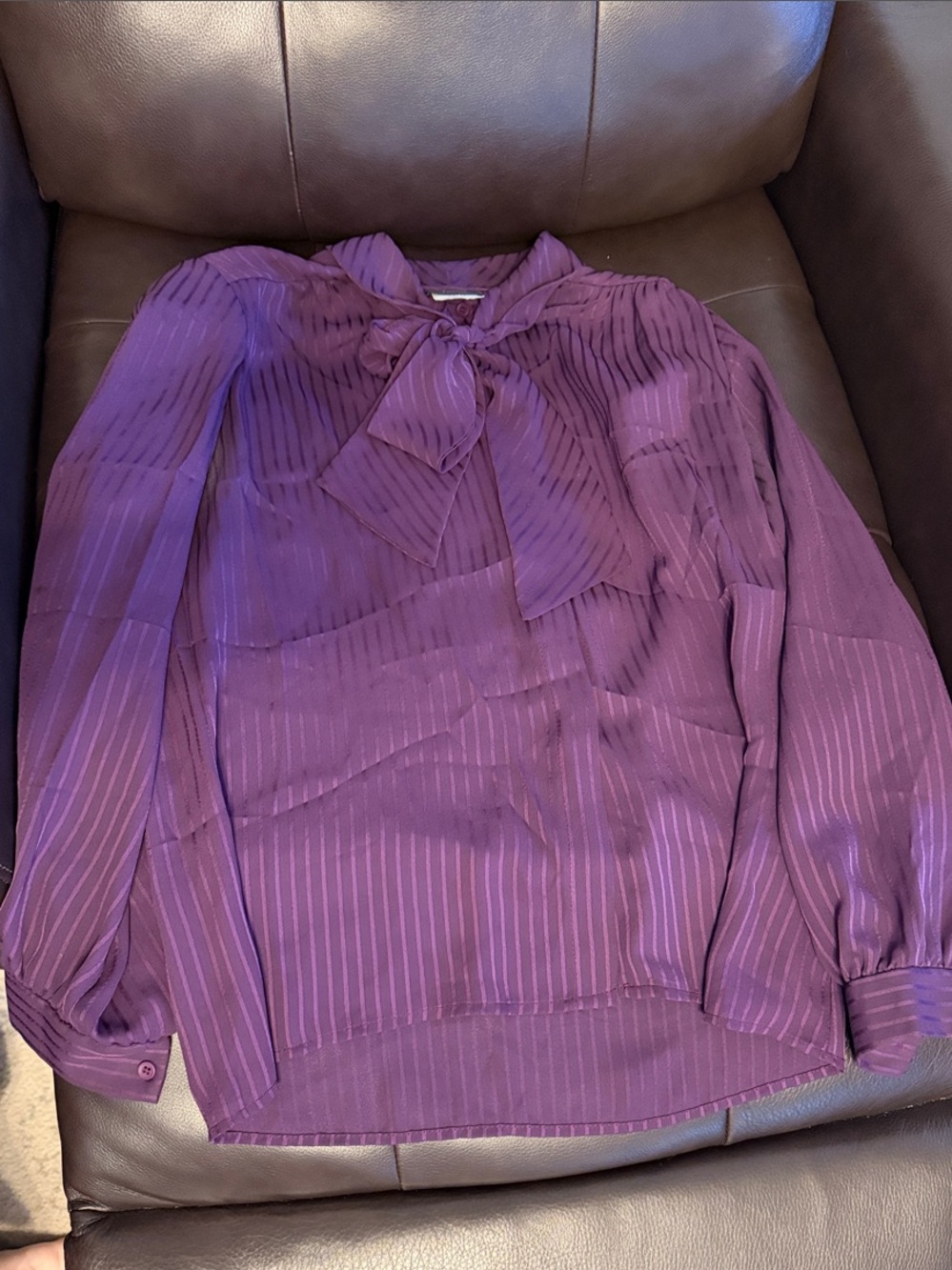 Purple Striped Bow-Neck Long-Sleeve Blouse - Women's Top